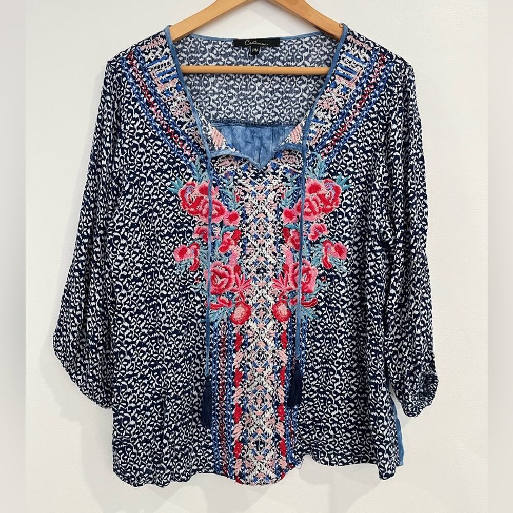 Calessa Top Womens M Petite Embroidered Floral Peasant Blouse Blue Bohemian